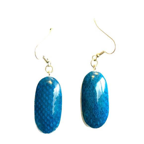 Hand Crafted Blue Oval Paper Snake skin Earrings - Picture 1 of 4